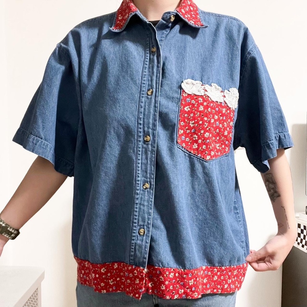 Vintage PTNY Denim Chambray and Calico Short Sleeve Button Up Blouse
